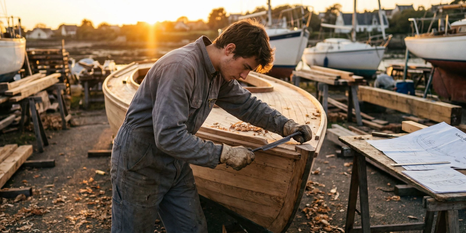 BP Charpentier de Marine en Alternance : Comment Trouver ton Entreprise et Décrocher ton Contrat Apprenti charpentier de marine travaillant sur la coque d'un voilier en bois dans un chantier naval breton