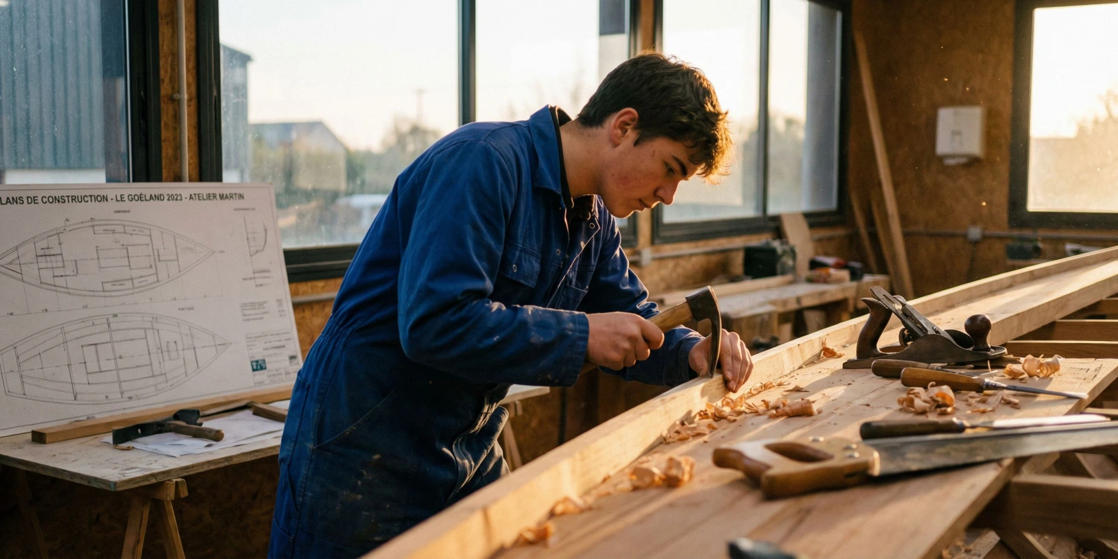 BP Charpentier de Marine en Bretagne : Formations à Lorient, Morbihan et dans toute la Région Atelier de charpenterie marine en Bretagne, apprenti travaillant la coque d'un voilier en bois