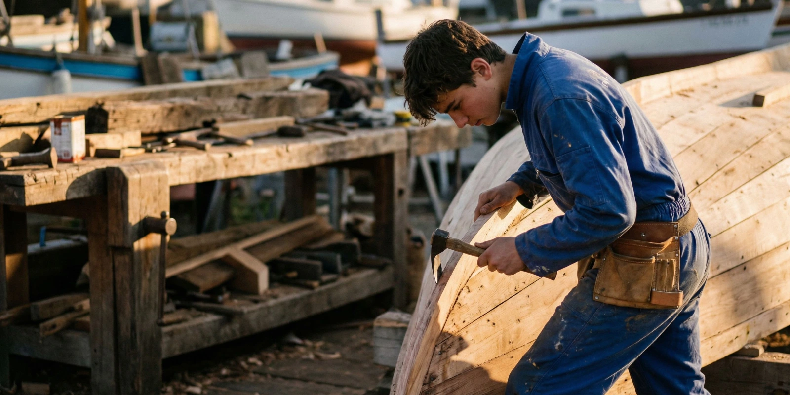 BP Charpentier de Marine : Guide Complet pour Tout Comprendre sur ce Diplôme Rare Un charpentier de marine travaillant la coque en bois d'un voilier traditionnel dans un chantier naval