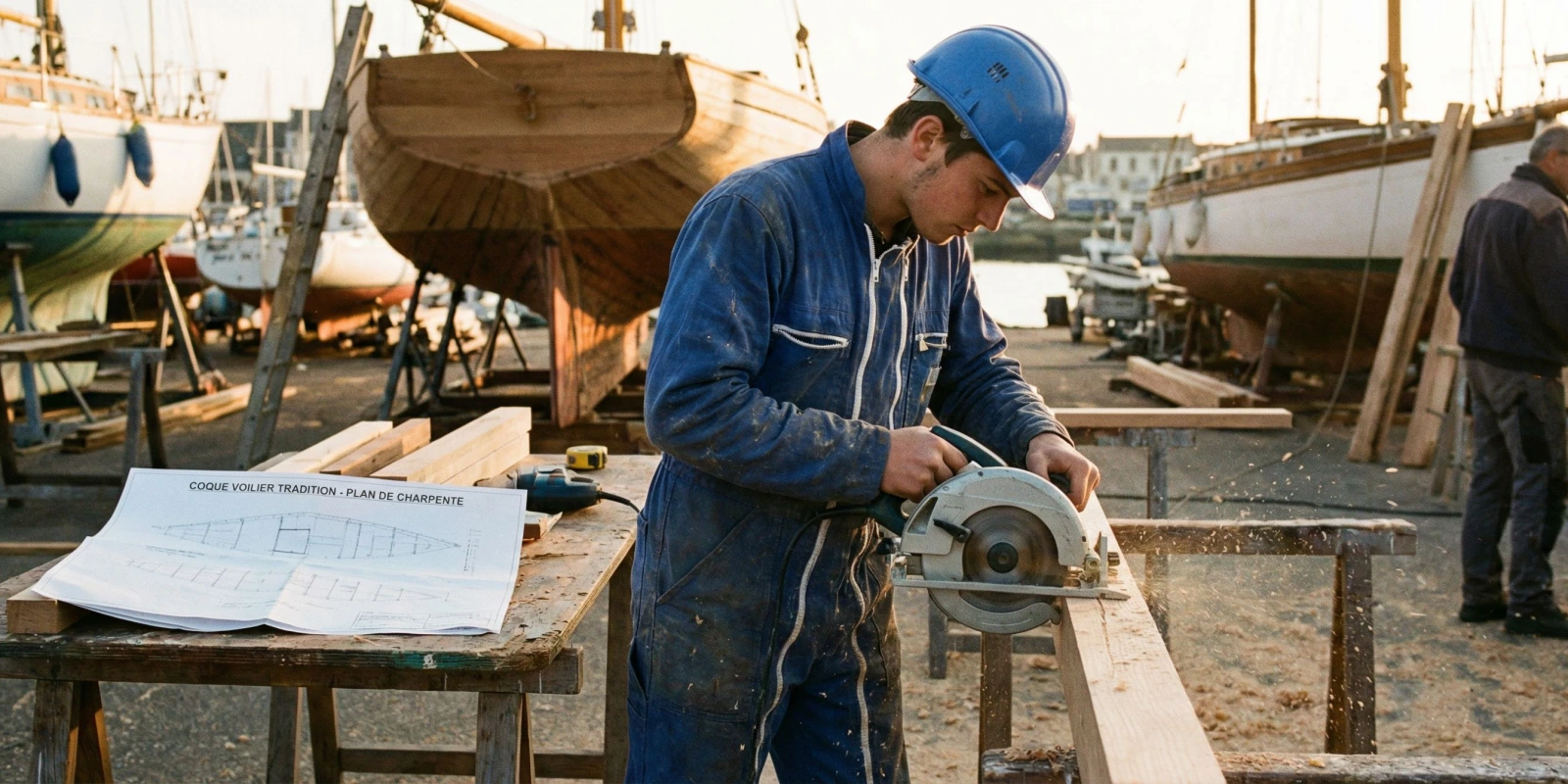 CAP ou BP Charpentier de Marine : Quel Diplôme Choisir ? Comparatif Complet Charpentier de marine au travail sur la coque en bois d'un voilier traditionnel en chantier naval