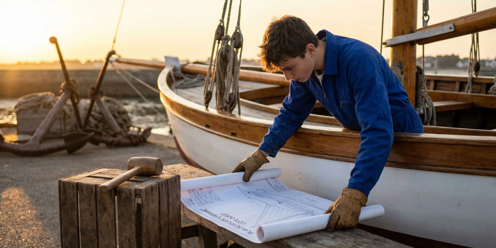 Débouchés du BP Charpentier de Marine : Métiers, Secteurs, Salaires et Évolutions de Carrière Charpentier de marine au travail sur la coque en bois d'un voilier traditionnel en chantier naval