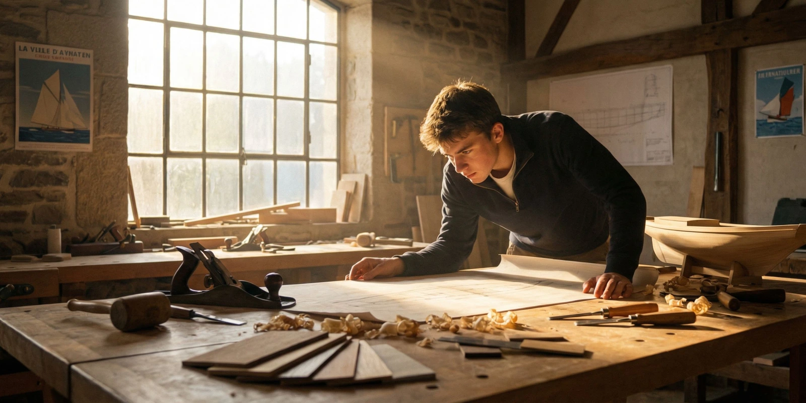 Épreuves du BP Charpentier de Marine : E1, E2, E3, E4 — Tout Comprendre pour Réussir Charpentier de marine au travail sur une épure de coque en bois dans un atelier naval