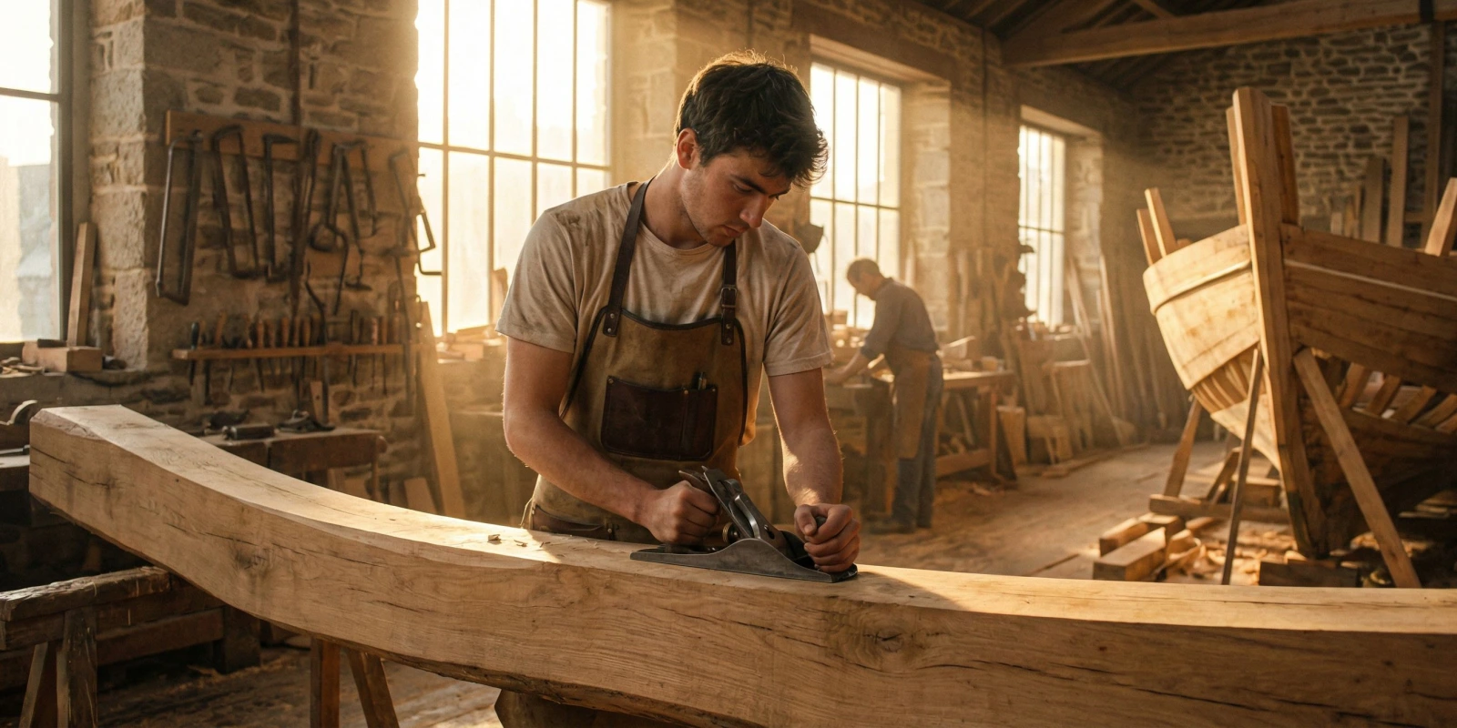 Charpentier de Marine : Fiche Métier Complète (Missions, Salaire, Débouchés, Reconversion) Un charpentier de marine façonne une coque en bois dans un chantier naval traditionnel breton