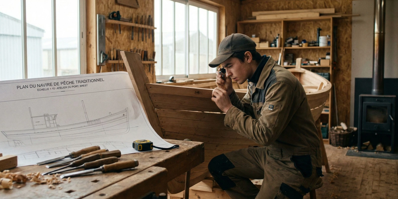 Programme du BP Charpentier de Marine : Matières, Compétences et Contenus de Formation Détaillés Apprenti charpentier de marine travaillant sur la coque en bois d'un navire en atelier