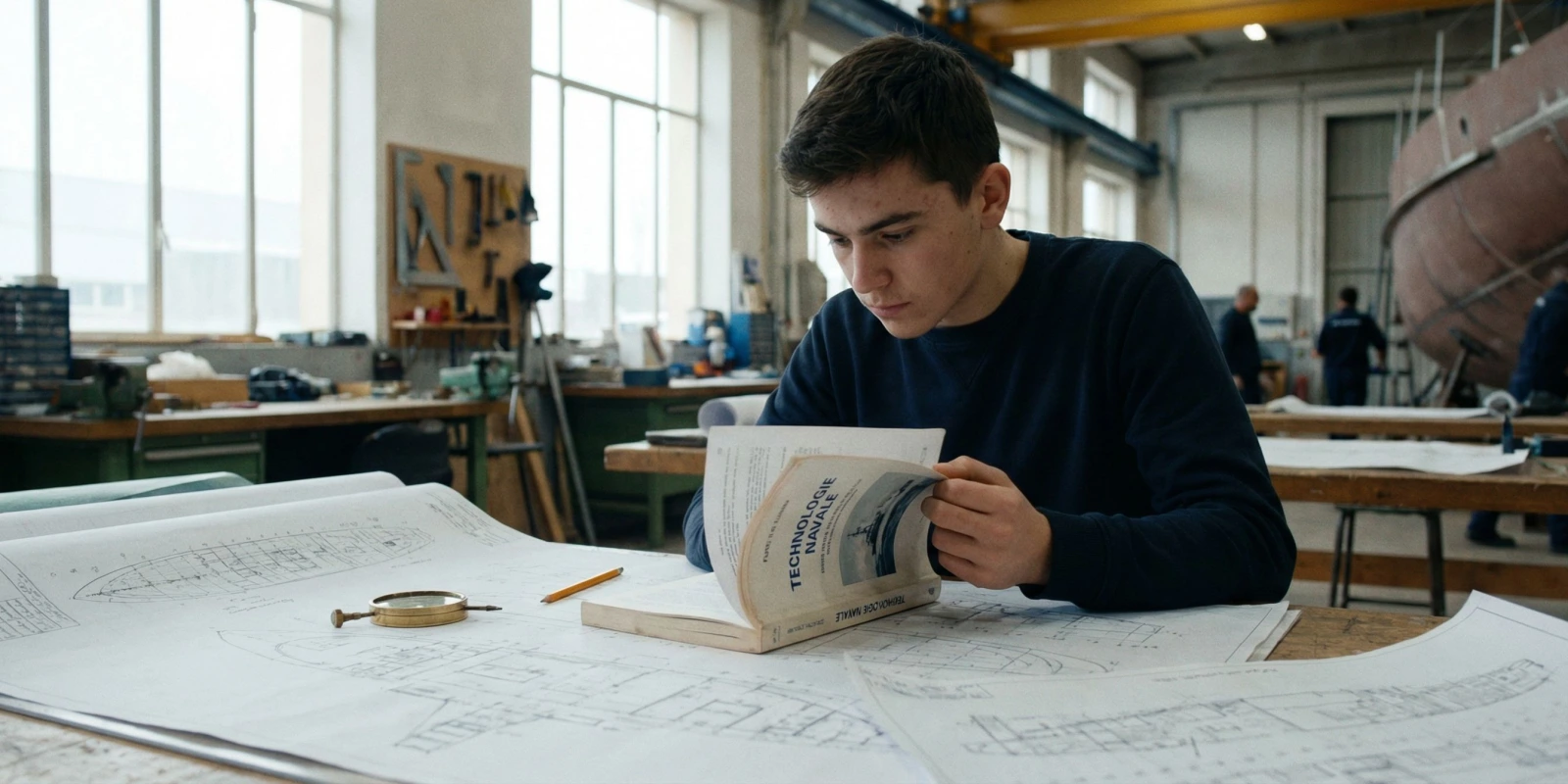 Réussir le BP Charpentier de Marine : Méthodes de Révision, Planning et Conseils d'Anciens Candidat en atelier naval révisant ses plans de tracé d'épure pour le BP Charpentier de Marine